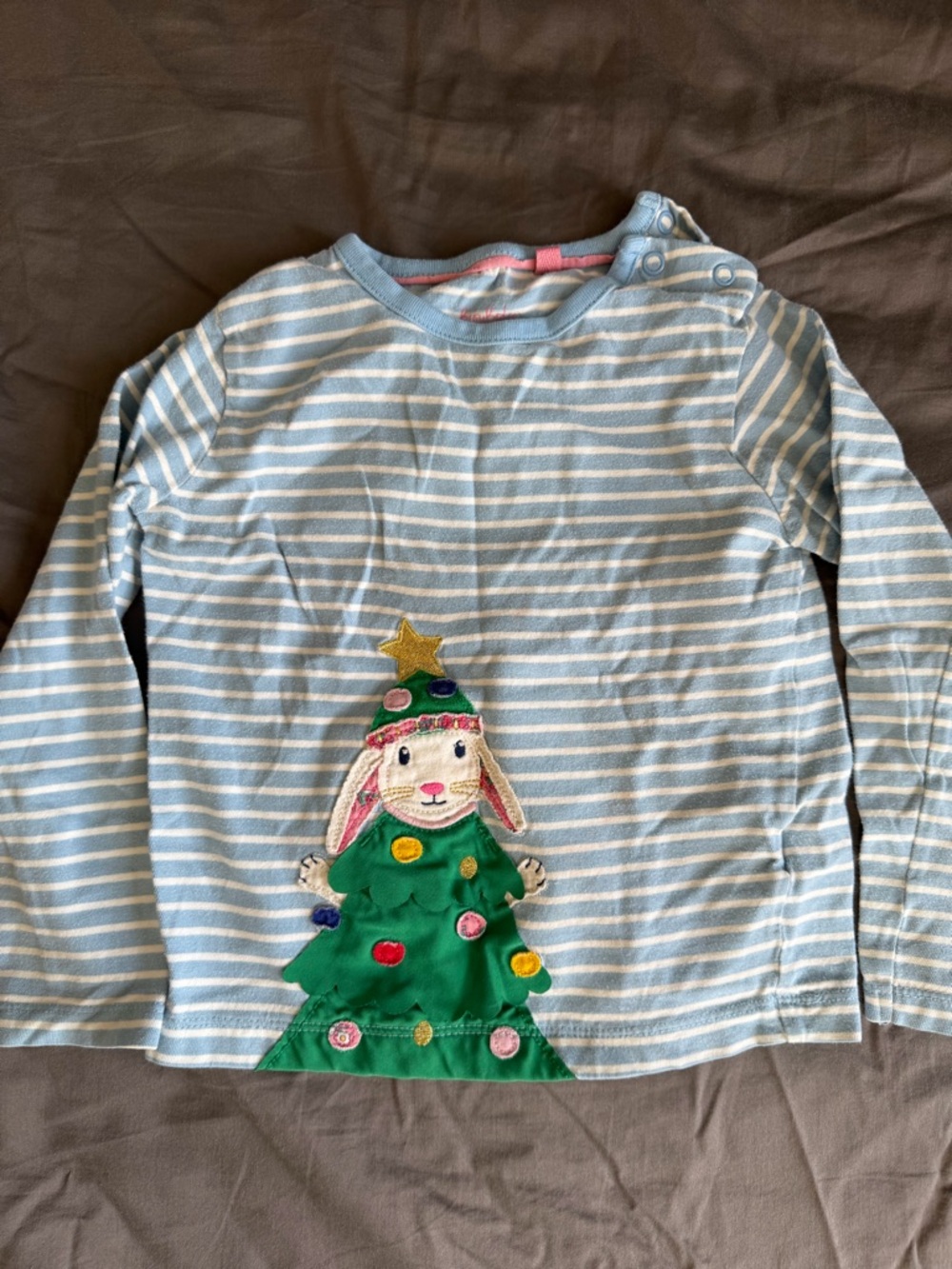 Mini Boden Light Blue & White Striped Long Sleeve Tee with Festive Bunny Tree